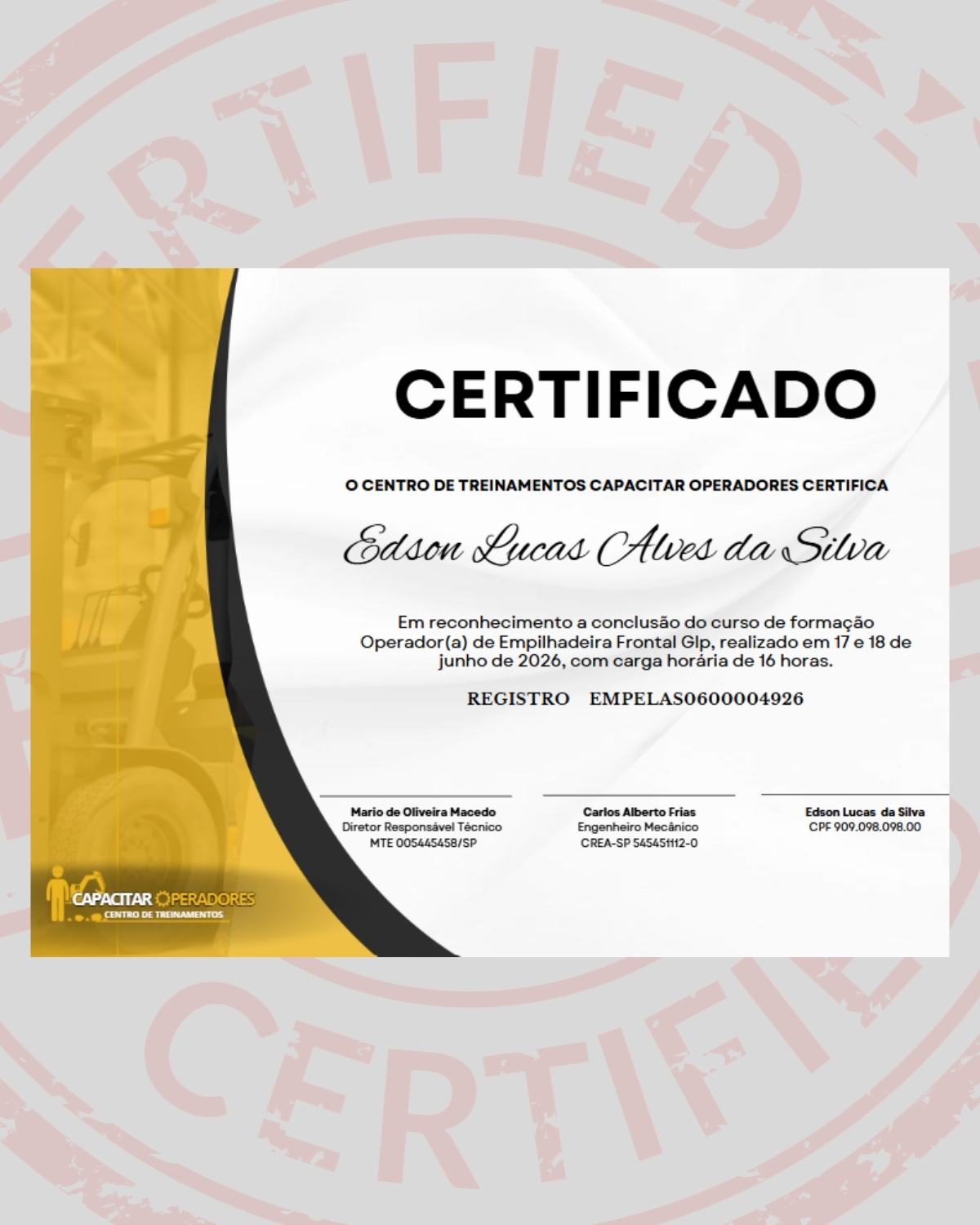 Certificado de conclusão do Curso de Operador de Retroescavadeira - Capacitar Operadores