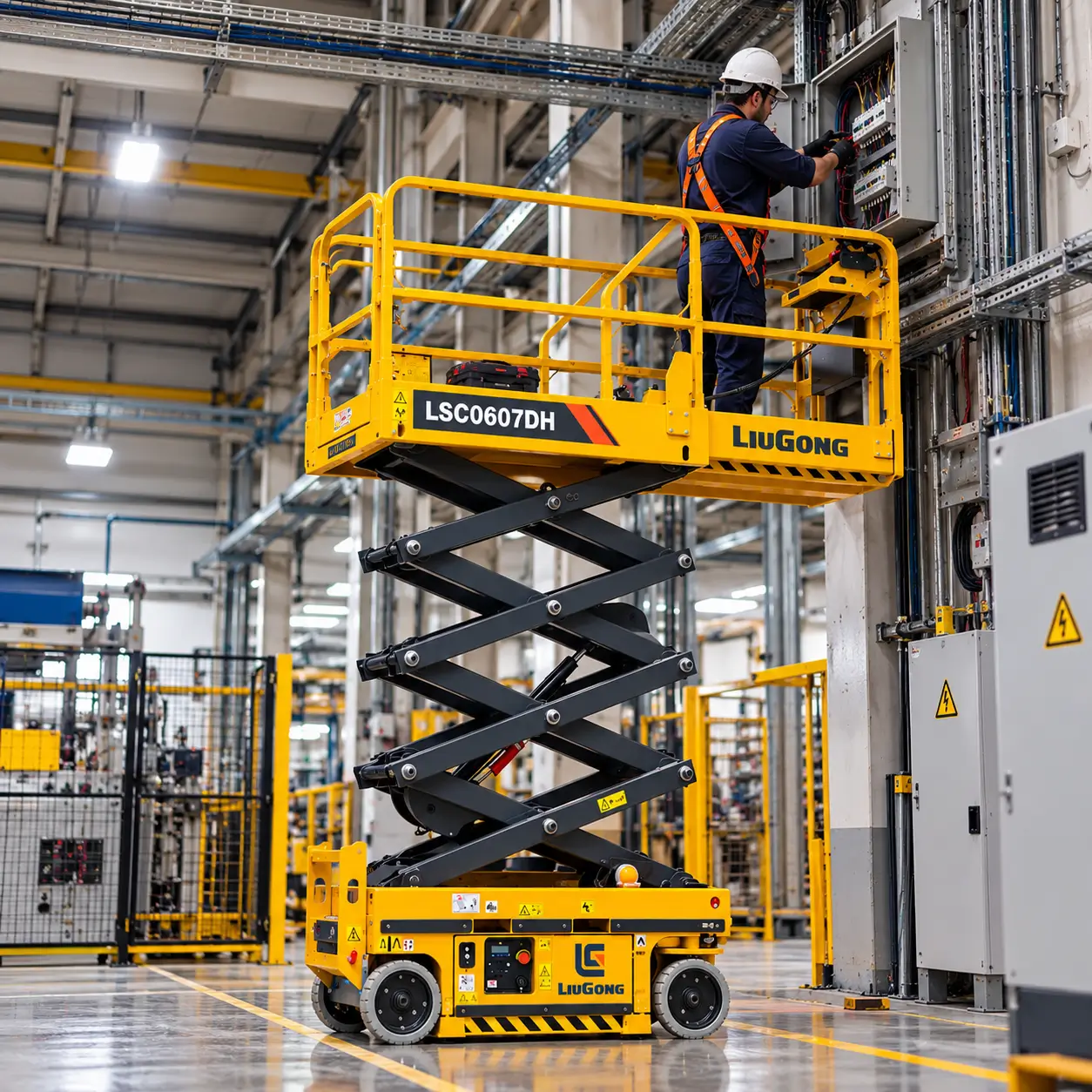 Trabalhador usando plataforma elevatória em instalação elétrica industrial