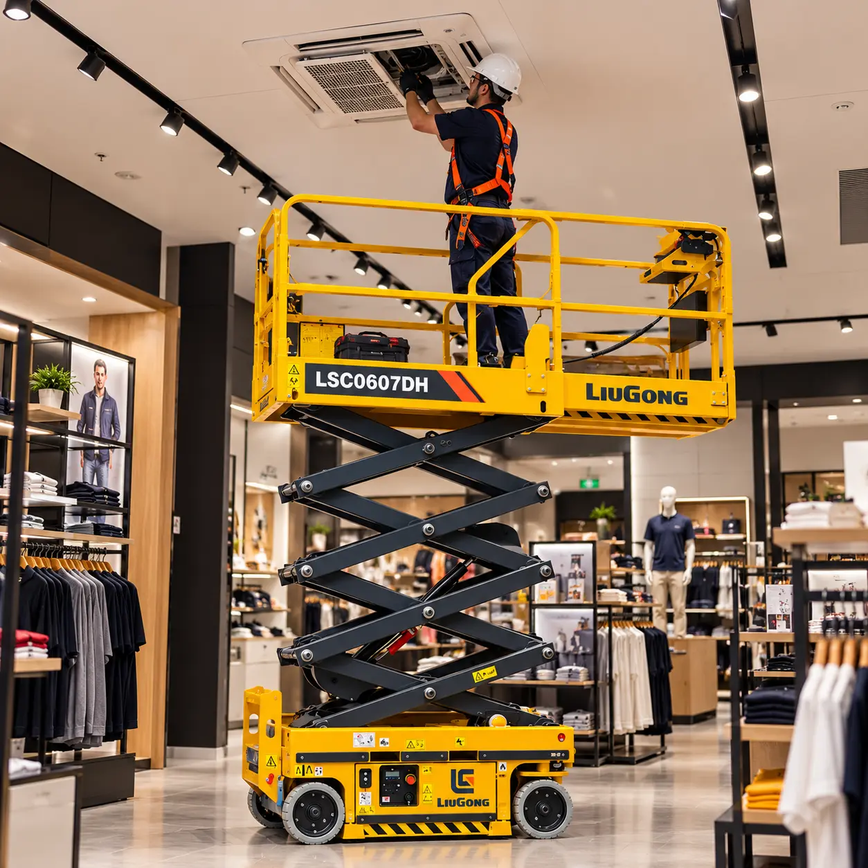 Profissional instalando ar condicionado com plataforma elevatória em loja